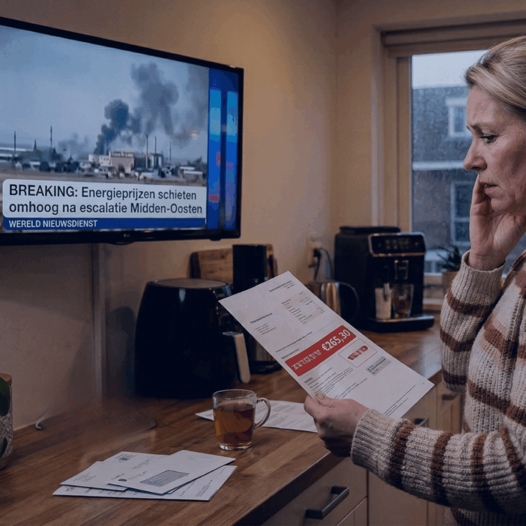 Een bezorgde vrouw in een keuken kijkt naar een hoge energierekening, terwijl op de achtergrond een tv-scherm nieuws toont over stijgende energieprijzen door escalatie in het Midden-Oosten.